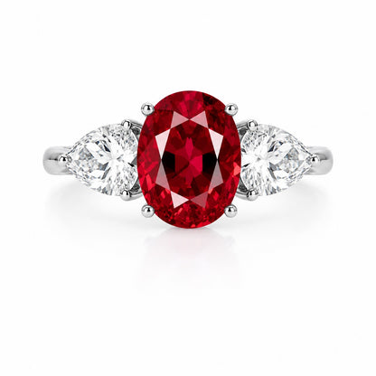 Three-Stone Oval-Cut Pigeon Blood Lab-Grown Ruby Ring • 3×5mm or 7×9mm • 14K White Gold