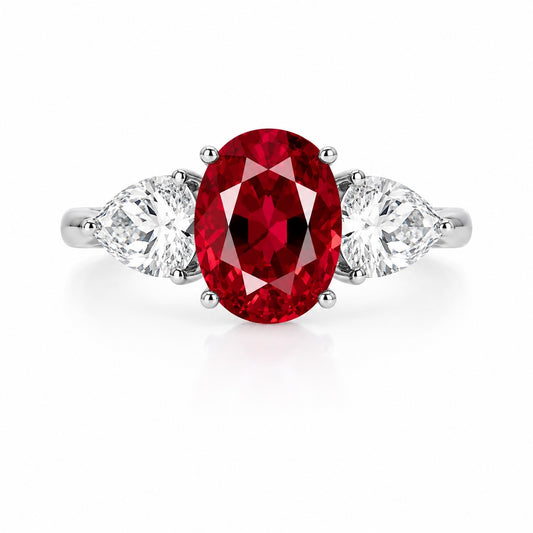 Three-Stone Oval-Cut Pigeon Blood Lab-Grown Ruby Ring • 3×5mm or 7×9mm • 14K White Gold