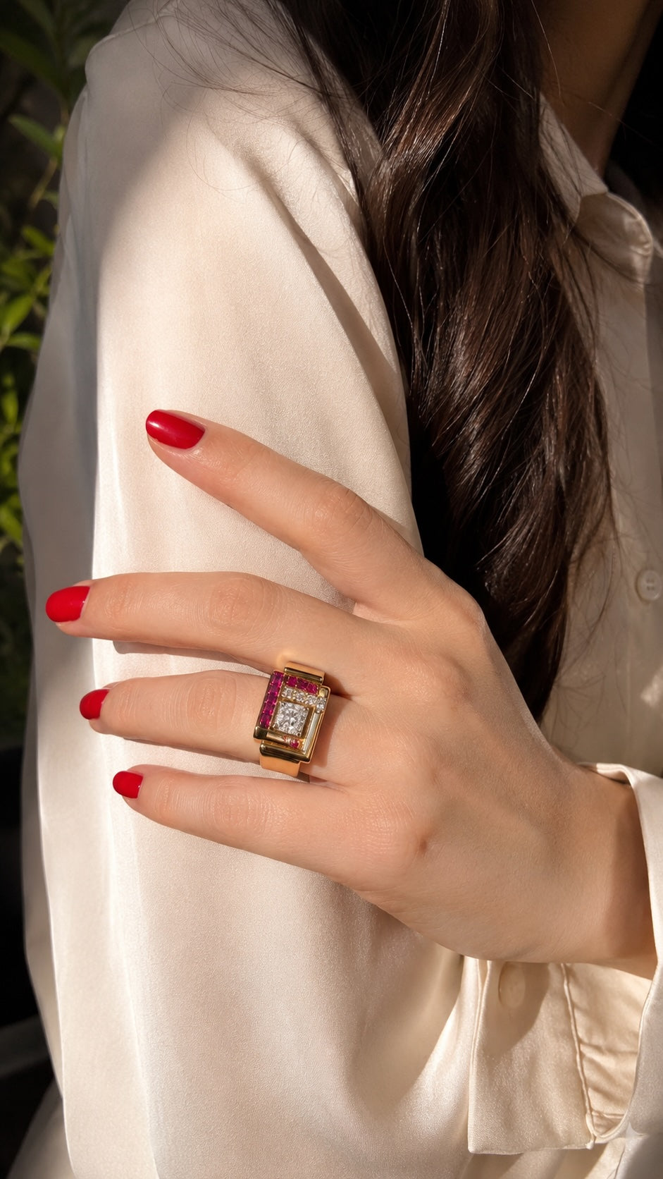 ruby heritage tank ring – lab rubies & diamonds in 18k yellow gold
