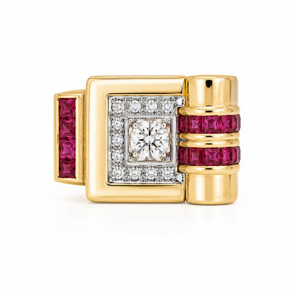 Ruby Heritage Tank Ring – Lab Rubies & Diamonds in 18K Yellow Gold