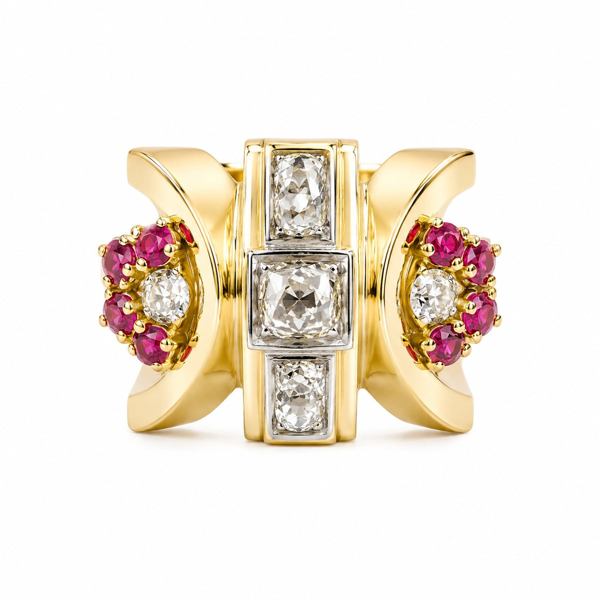 vintage-inspired ruby & diamond tank ring in 18k yellow gold