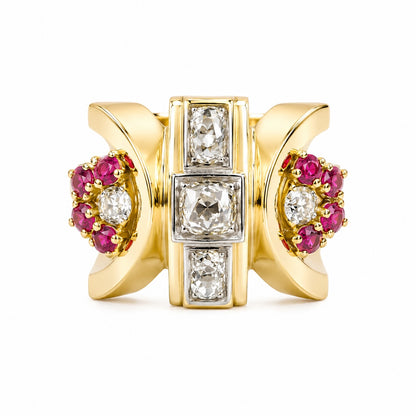 Vintage-Inspired Ruby & Diamond Tank Ring in 18K Yellow Gold