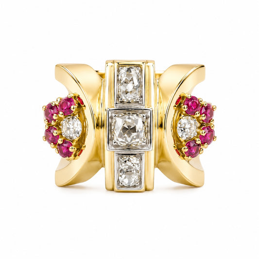 Vintage-Inspired Ruby & Diamond Tank Ring in 18K Yellow Gold