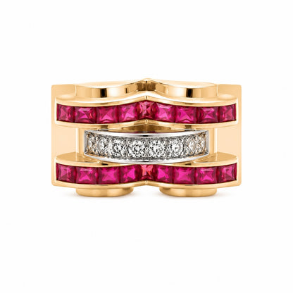 Vintage-Inspired Ruby & Diamond Tank Ring – 18K Yellow Gold
