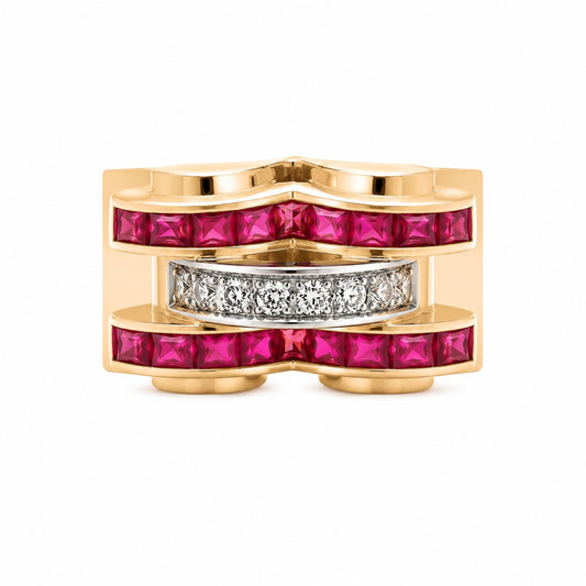 Vintage-Inspired Ruby & Diamond Tank Ring – 18K Yellow Gold