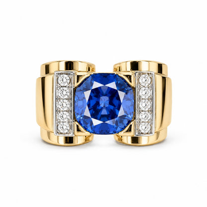 Tank Ring with Lab Sapphire & Diamonds – 18K Yellow Gold