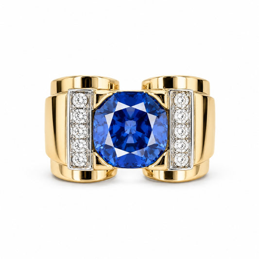 Tank Ring with Lab Sapphire & Diamonds – 18K Yellow Gold