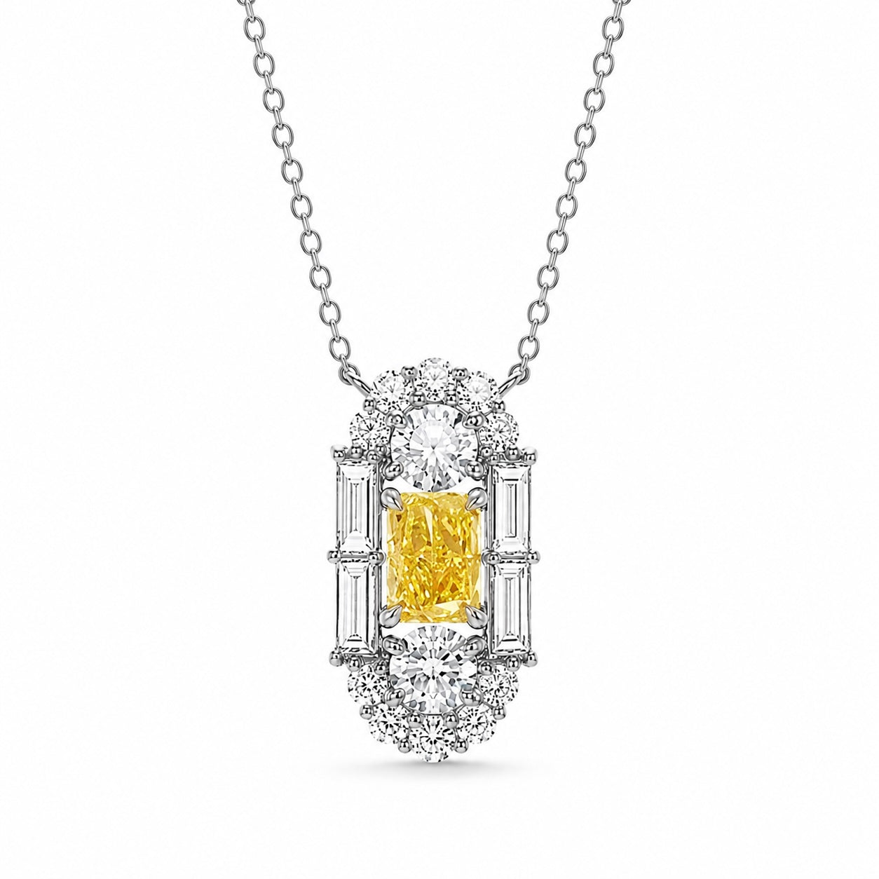 fancy yellow radiant cut lab-grown diamond halo necklace in 14k white gold – 0.5 ct center stone