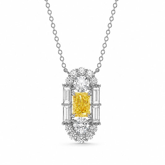 Fancy Yellow Radiant Cut Lab-Grown Diamond Halo Necklace in 14K White Gold – 0.5 CT Center Stone