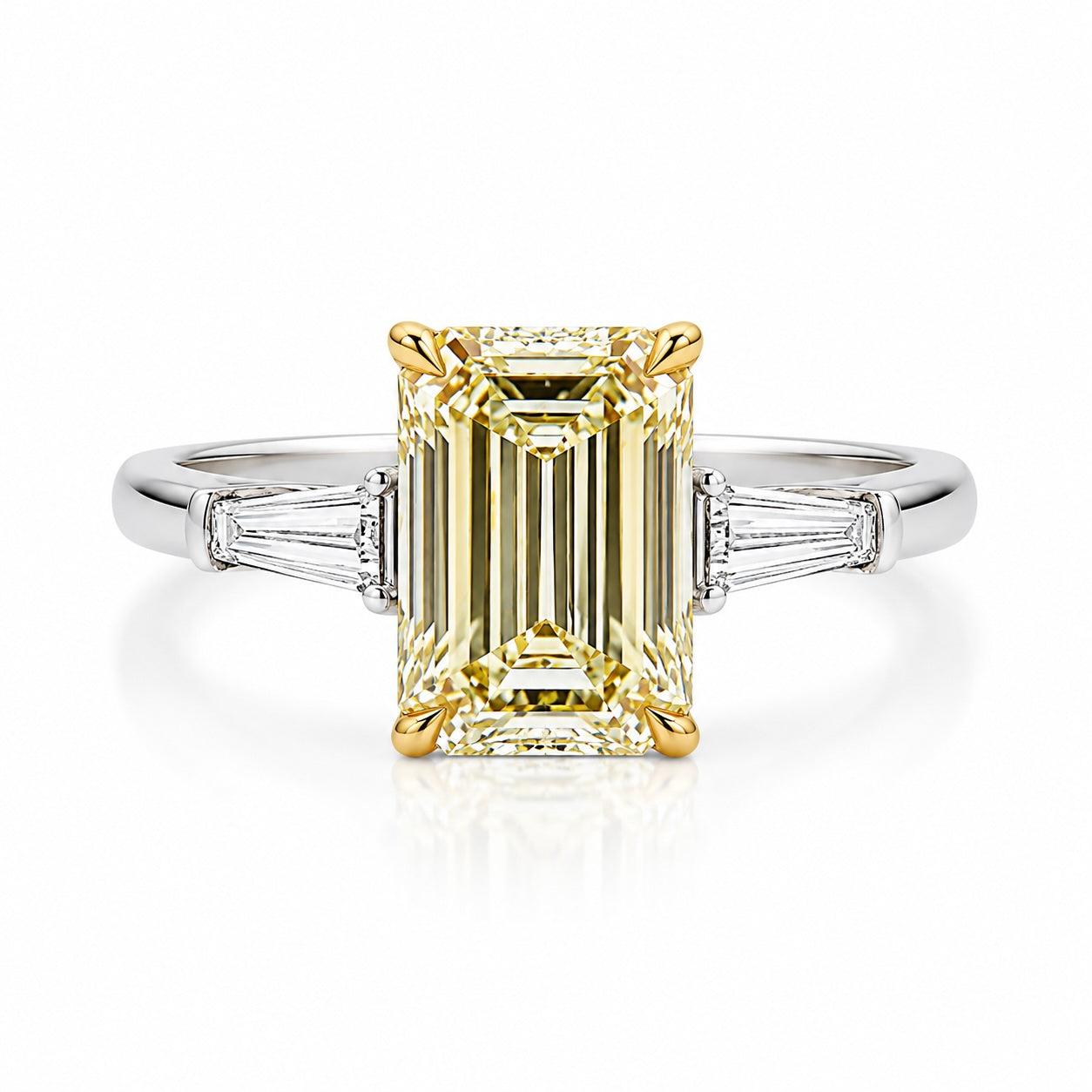 emerald cut fancy light yellow lab-grown diamond three-stone ring in 14k white gold – 1–2 carats