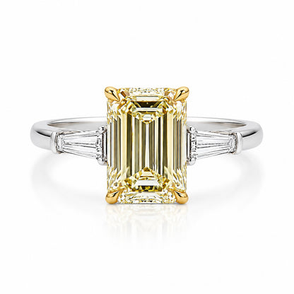 Emerald Cut Fancy Light Yellow Lab-Grown Diamond Three-Stone Ring in 14K White Gold – 1–2 Carats