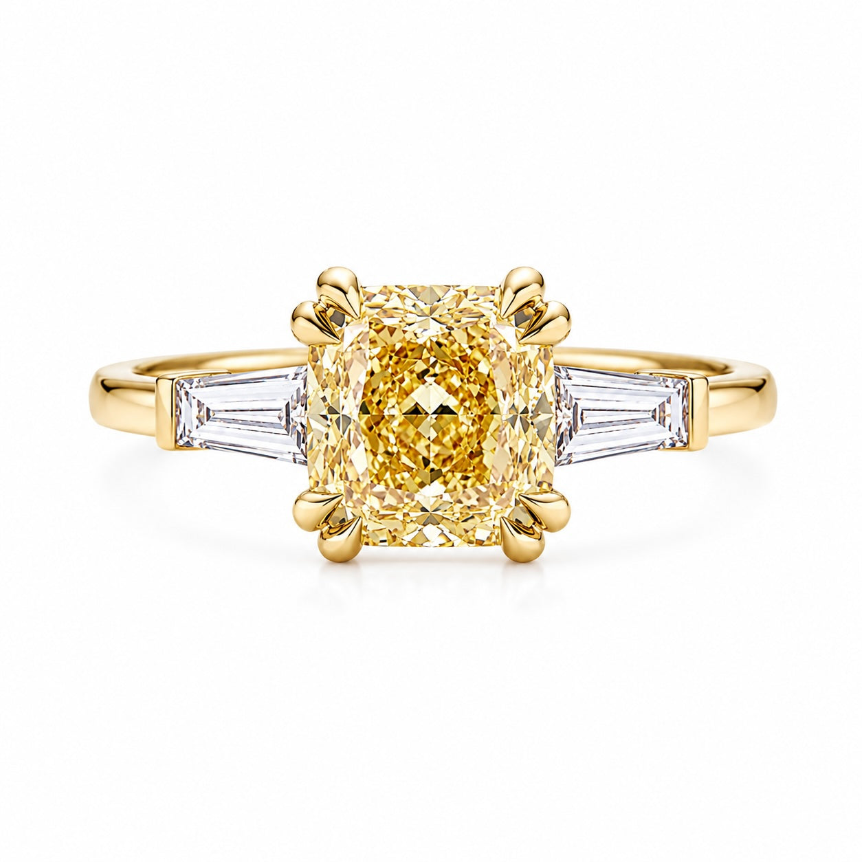 three-stone yellow cushion cut lab-grown diamond ring in 14k yellow gold – 2.0 ct center stone