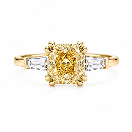 Three-Stone Yellow Cushion Cut Lab-Grown Diamond Ring in 14K Yellow Gold – 2.0 CT Center Stone