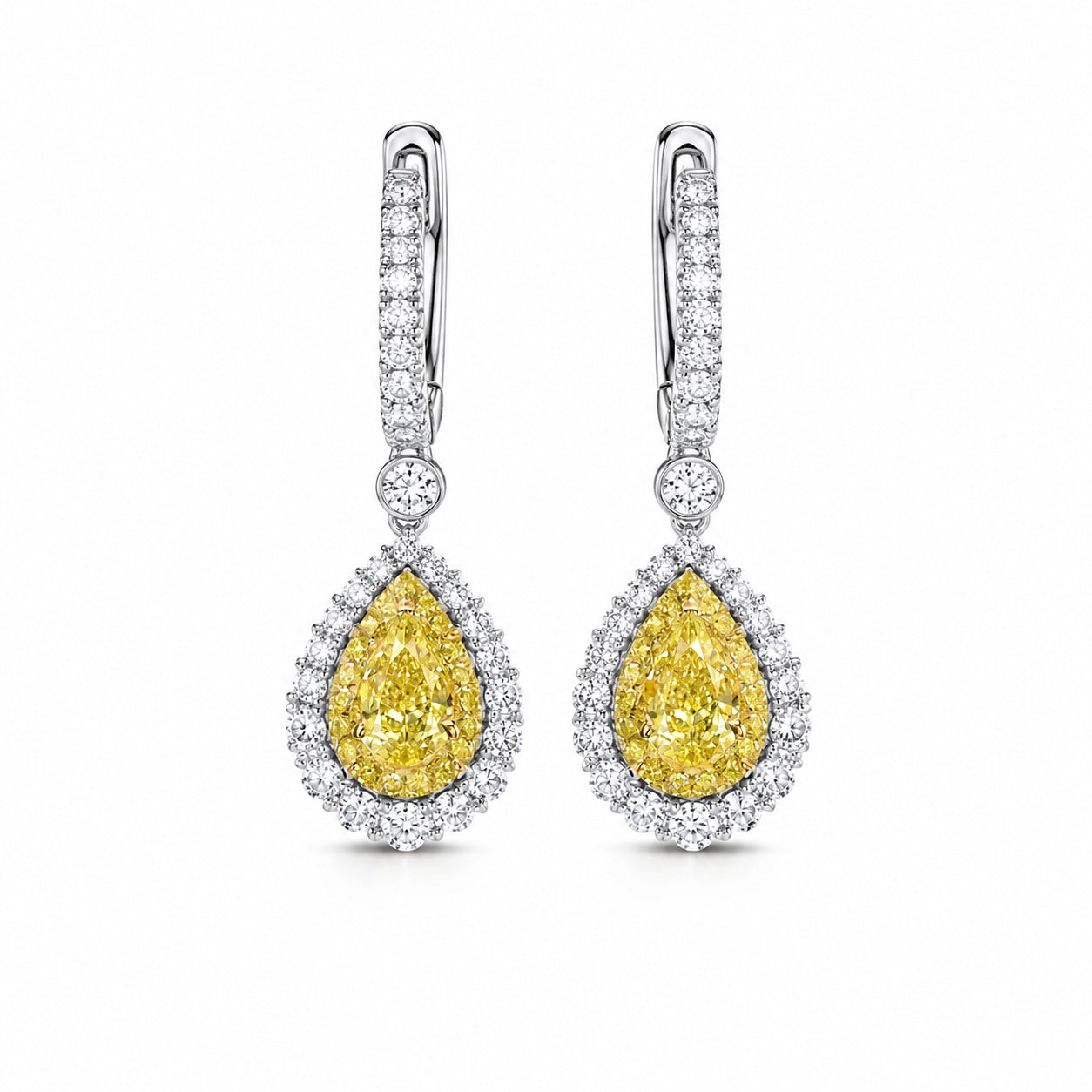 fancy intense yellow pear cut lab-grown diamond double halo earrings in 14k white & yellow gold – 1 or 2 ct each