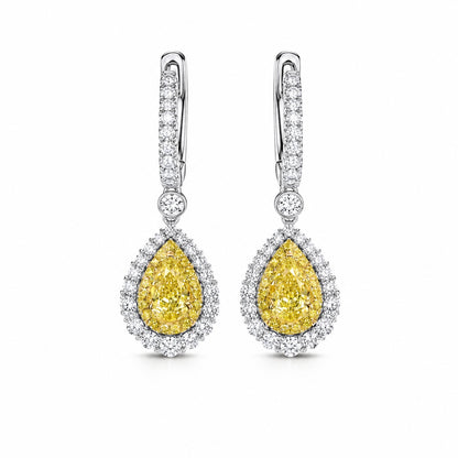 Fancy Intense Yellow Pear Cut Lab-Grown Diamond Double Halo Earrings in 14K White & Yellow Gold – 1 or 2 CT Each