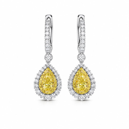 Fancy Intense Yellow Pear Cut Lab-Grown Diamond Double Halo Earrings in 14K White & Yellow Gold – 1 or 2 CT Each