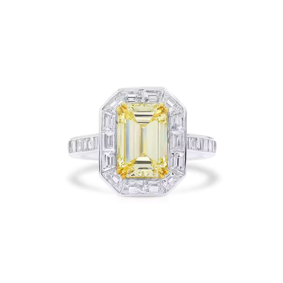 1–2ct fancy light yellow emerald lab-grown diamond halo ring in 14k white gold with white baguette accents