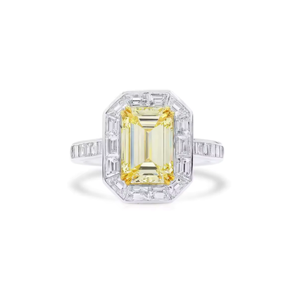 1–2ct Fancy Light Yellow Emerald Lab-Grown Diamond Halo Ring in 14K White Gold with White Baguette Accents
