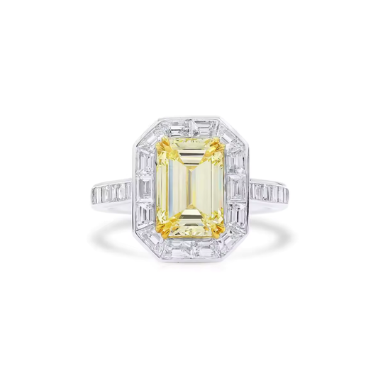 1–2ct Fancy Light Yellow Emerald Lab-Grown Diamond Halo Ring in 14K White Gold with White Baguette Accents