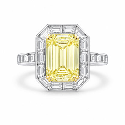 1–2ct Fancy Light Yellow Emerald Lab-Grown Diamond Halo Ring in 14K White Gold with White Baguette Accents