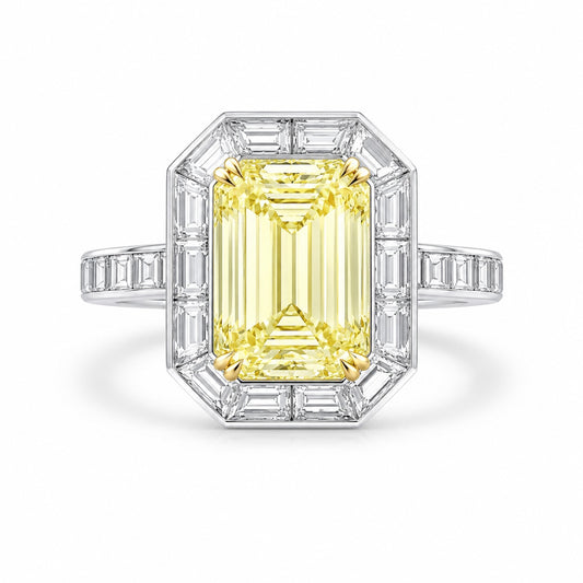 1–2ct Fancy Light Yellow Emerald Lab-Grown Diamond Halo Ring in 14K White Gold with White Baguette Accents